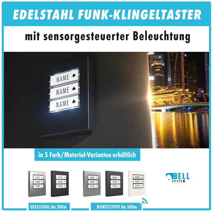 m-e Funkklingel BELL-523 AC Edelstahl gebürstet mit Sender und Empfänger für 3-Familienhaus | Erweit