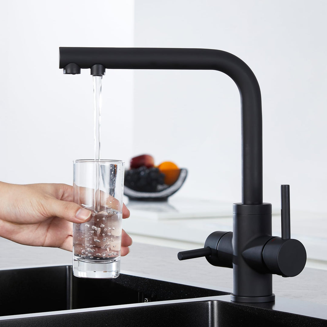 CREA 3 Wege Wasserhahn Schwarz, 360° Drehbar Küchenarmatur, 3 in 1 Mischbatterie Küche für Wasserfil