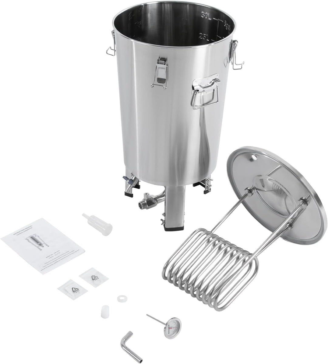 32L Edelstahl Gärbehälter Bierbrauanlage mit Kühlspirale | Bierbraugerät Braueimer-Fermenter ür Bier