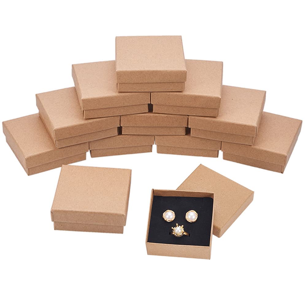 BENECREAT 16 Pack Halskette Ring Box 7x7x3cm Kraft Brown Rechteck Karton Schmuckschatullen Kleine Ge