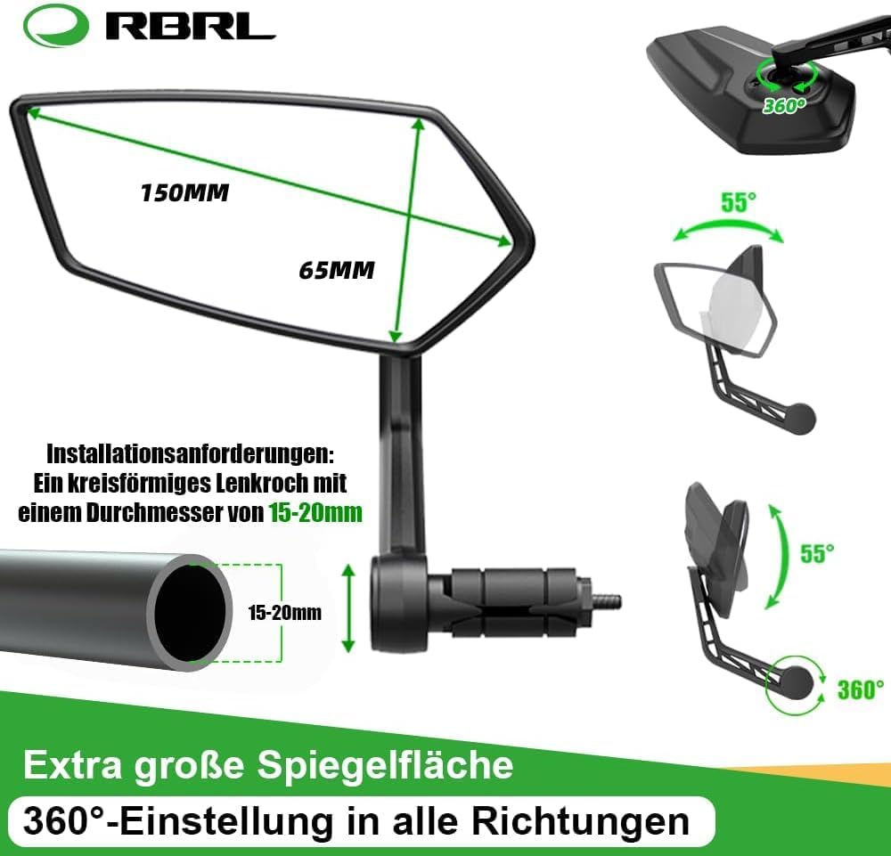 RBRL Fahrradspiegel Extra Grosse Bar End Fahrradspiegel, Schlagfestes Echtglas Spiegelfläche Rückspi