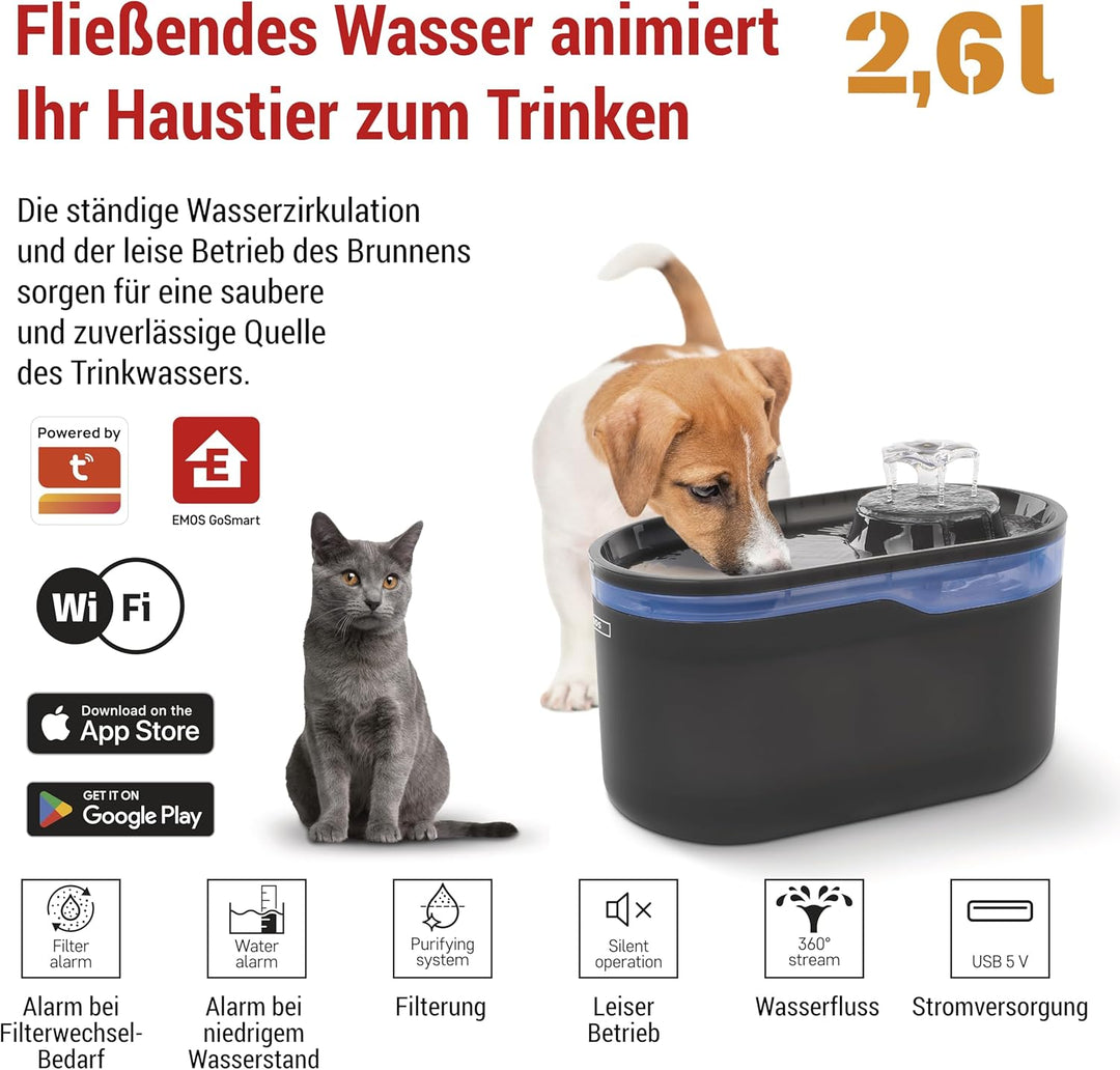 EMOS - GoSmart Katzenbrunnen 2,6 l mit Filtrationssytem - WLAN Pet Care Trinkbrunnen für Hund und Ka