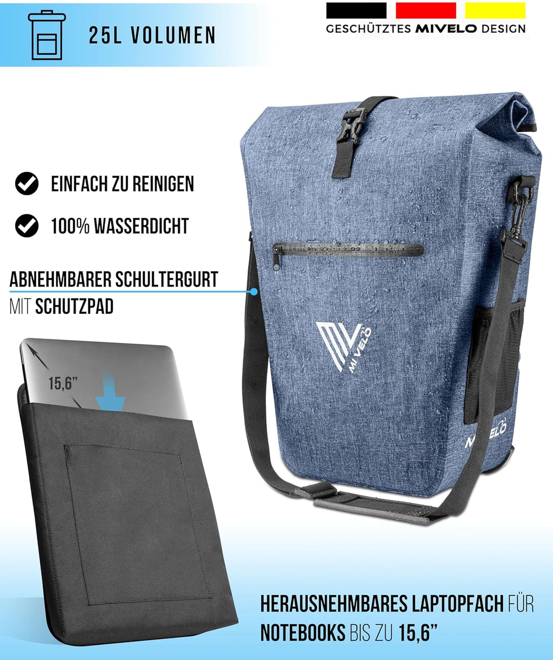 MIVELO 2in1 Fahrradtasche Gepäckträgertasche wasserdicht 100% PVC frei + Laptopfach + Schloss – Fahr