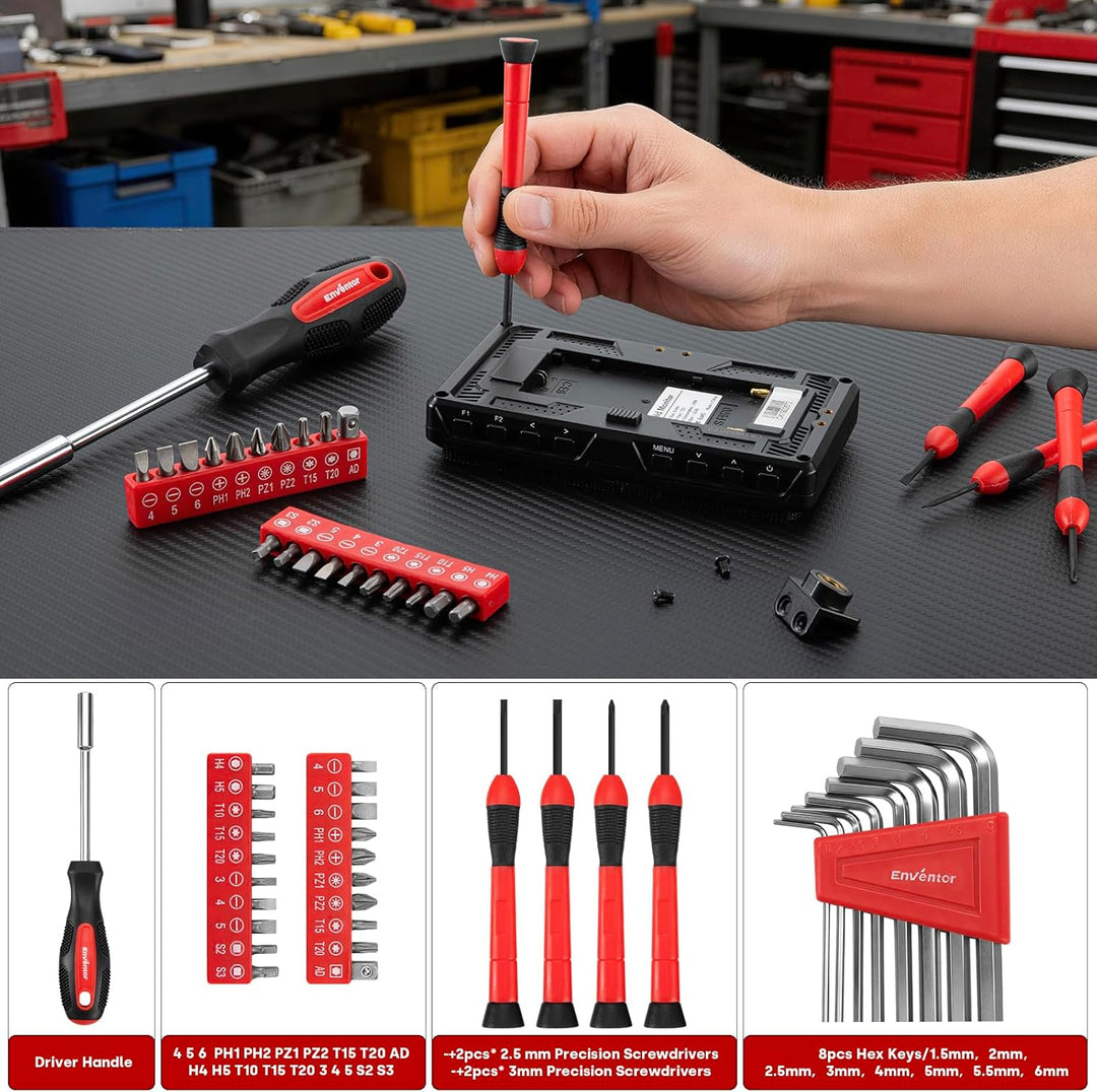 Enventor 48-Tlg Kleiner Werkzeugkoffer, Rotes Mini-Werkzeugset mit Hammer und Schraubendreher-Set, i