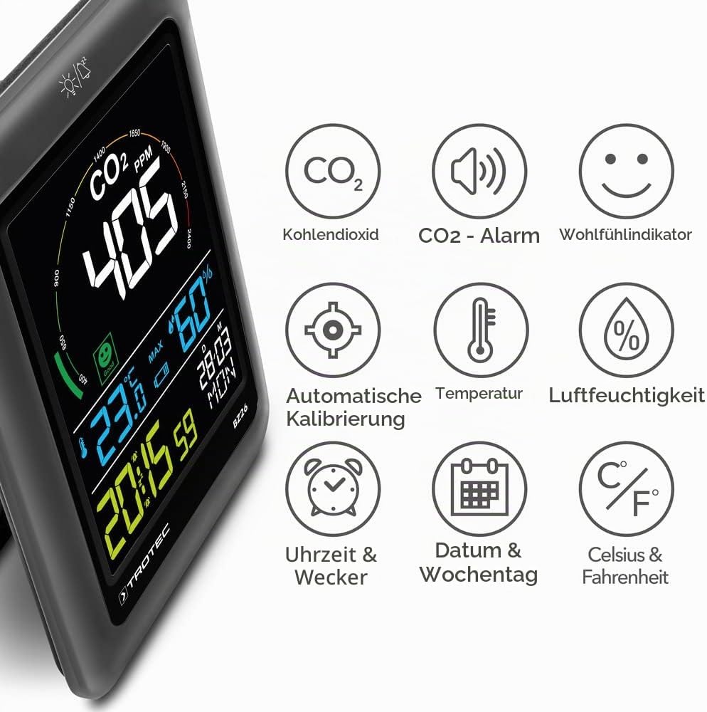 TROTEC CO2 Messgerät BZ26 – Luftqualitätsmonitor – Messbereich 400 bis 5000 PPM, Lufttemperatur, rel
