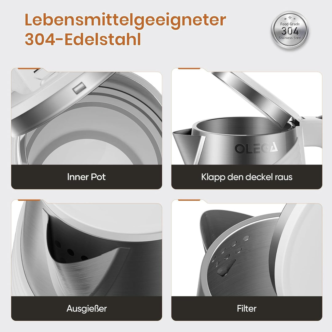 OLEGA Wasserkocher 1800W - schnell kochender Heisswasserkessel, 1,8 l Abschaltautomatik Doppelschich