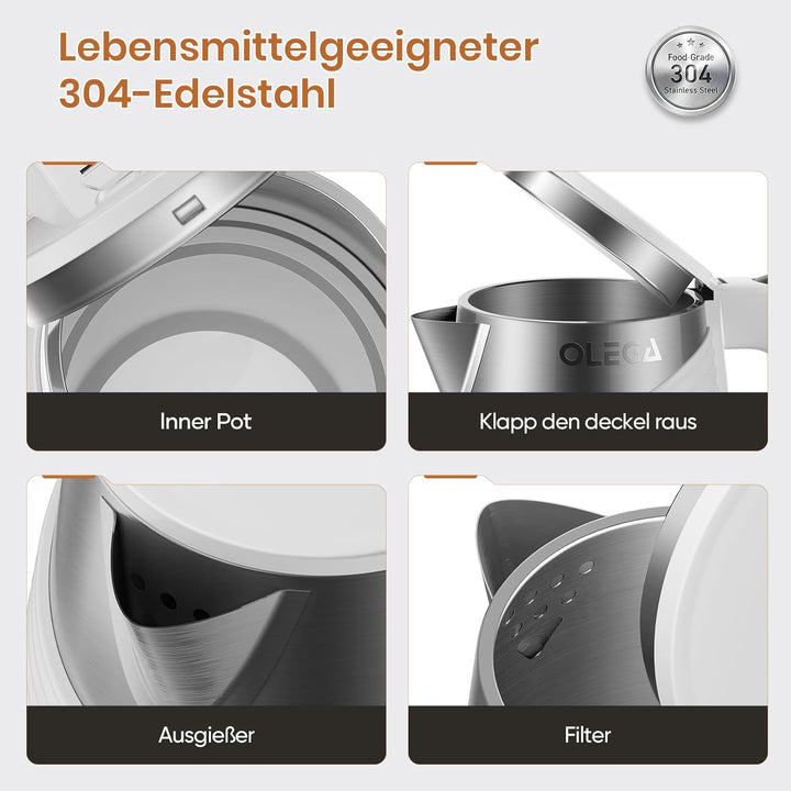 OLEGA Wasserkocher 1800W - schnell kochender Heisswasserkessel, 1,8 l Abschaltautomatik Doppelschich