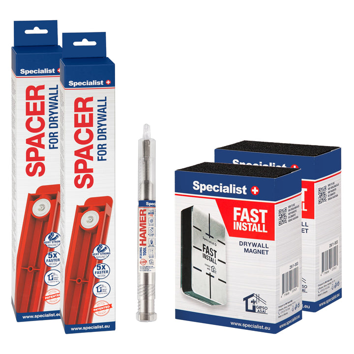 Specialist+ Trockenbau-Rahmen-Werkzeugset I x2 SPACER, 2 Stück FAST INSTALL-Gipsmagnet und x1 HAMER