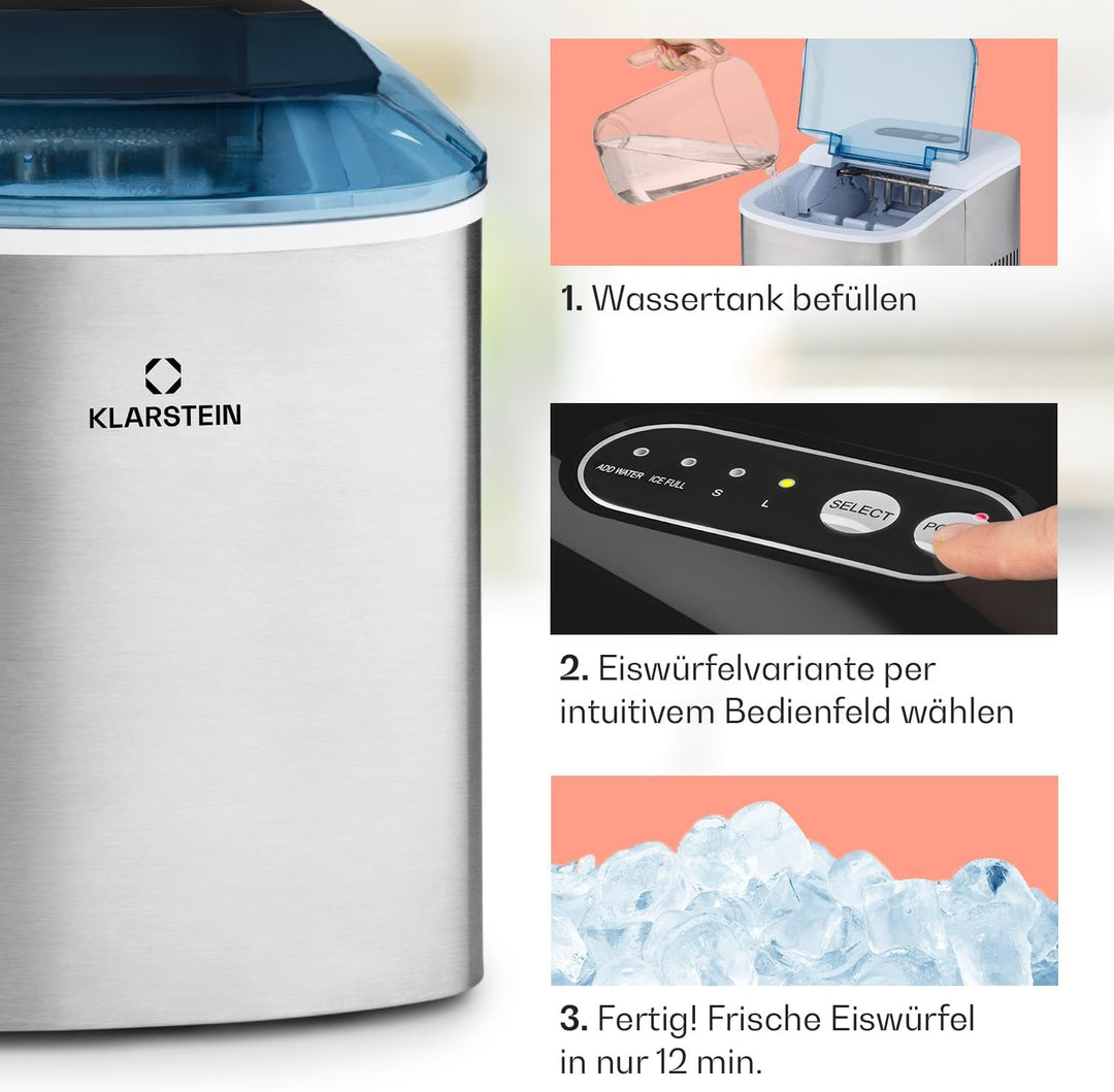 Klarstein On-The-Rocks - Eismaschine, Eiswürfelbereiter, Eiswürfelmaschine, 12 kg / 24 h, 120W, 2 Wü