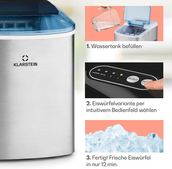 Klarstein On-The-Rocks - Eismaschine, Eiswürfelbereiter, Eiswürfelmaschine, 12 kg / 24 h, 120W, 2 Wü