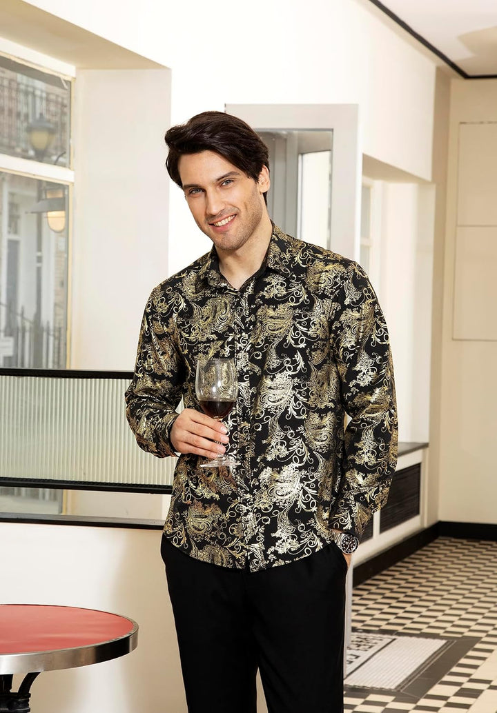 HISDERN Herren Paisley Hemd Langarm Satin Blumen Muster Hemd für Männer Jacquard Stickerei Freizeith
