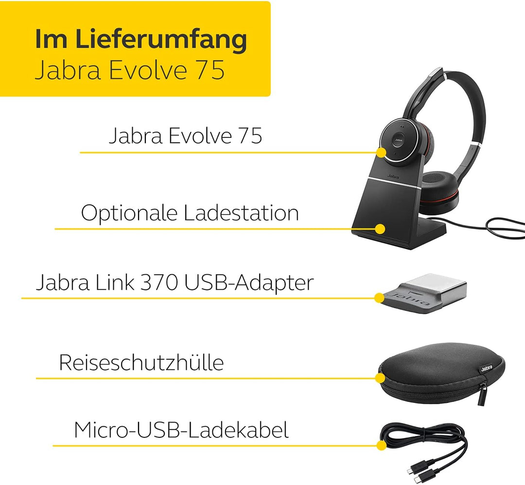 Jabra Evolve 75 MS Duo - Zertifiziert für Skype for Business StereoHeadset inkl. Link 370 - B-Ware J