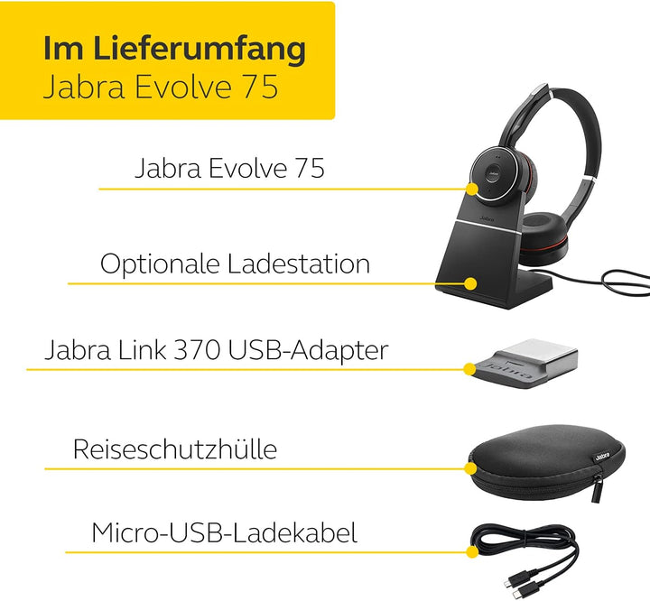 Jabra Evolve 75 MS Duo - Zertifiziert für Skype for Business StereoHeadset inkl. Link 370 - B-Ware J
