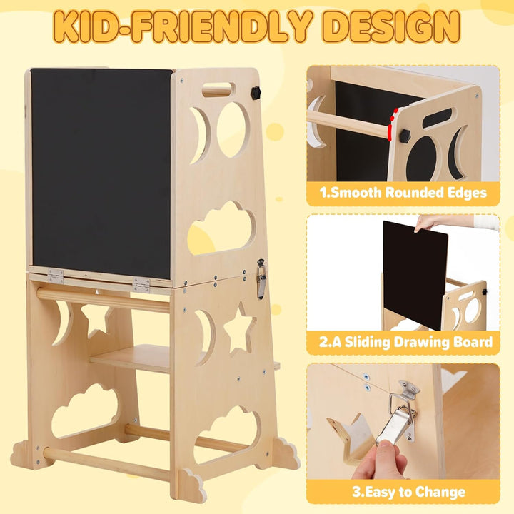 Montessori Lernturm für Kinder, 3 in 1 Learning Tower für Kinder Lernturm Klappbar Tritthocker mit T
