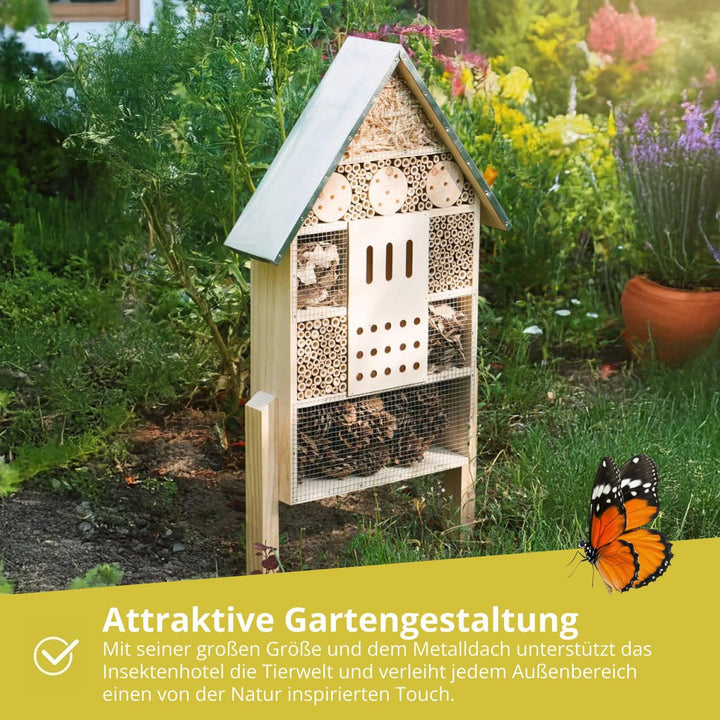 WILDLIFE FRIEND I Insektenhotel XXL stehend - mit Standfuss 76cm & Metalldach - Gross, Unbehandelt,