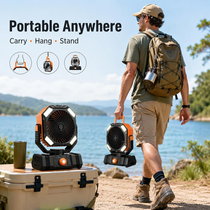 Camping Ventilator mit LED Laterne, 10000mAh Akku Outdoor Ventilator mit Sprühfunktion, Tragbarer Ve