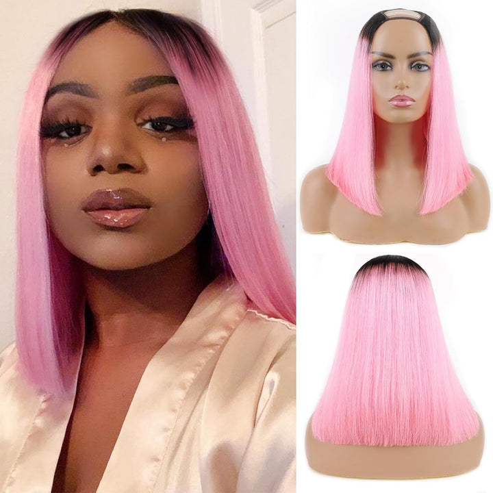 Huarisi 1b and Pink Short Bob Wigs Human Hair U Part None Lace 12 inch 10a Straight Remy Bob Ombre P