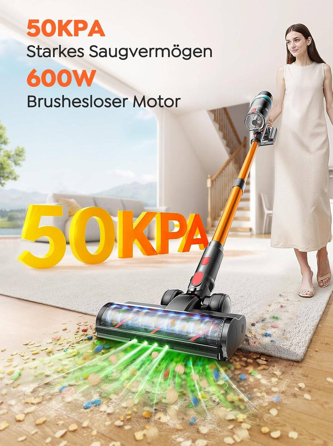 Akku Staubsauger 50KPA/600W/65Min,Selbststehender Staubsauger Kabellos mit 1M Ausziehbarer Schlauch,