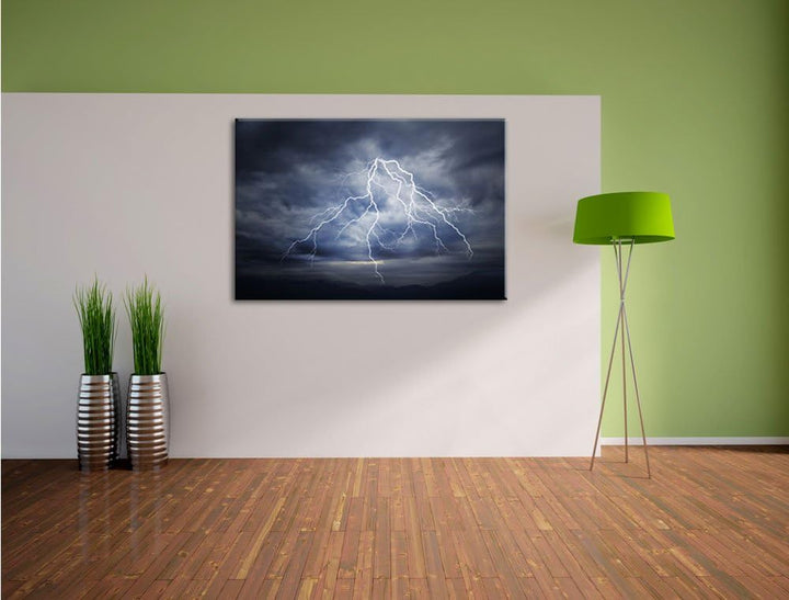 Blitze am stürmischen Himmel Format: 100x70 auf Leinwand, XXL riesige Bilder fertig gerahmt mit Keil