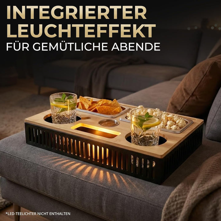 Couchbar Snackbox mit Leuchteffekt – Holz Sofatablett für Sofa, Snackbar & Organizer Tablett, 2-in-1