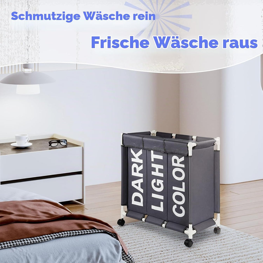 Wäschesortierer auf Rollen 90L Wäschekörbe 3 Fächer Wäschekorb aus Oxford-Stoff Mit Deckel Abnehmbar