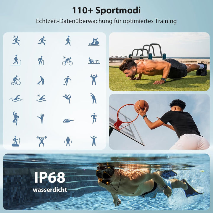 Smartwatch Herren Damen mit Telefonfunktion - 1.85" Fitnessuhr Herren mit Herzfrequenz SpO2 Schlafmo