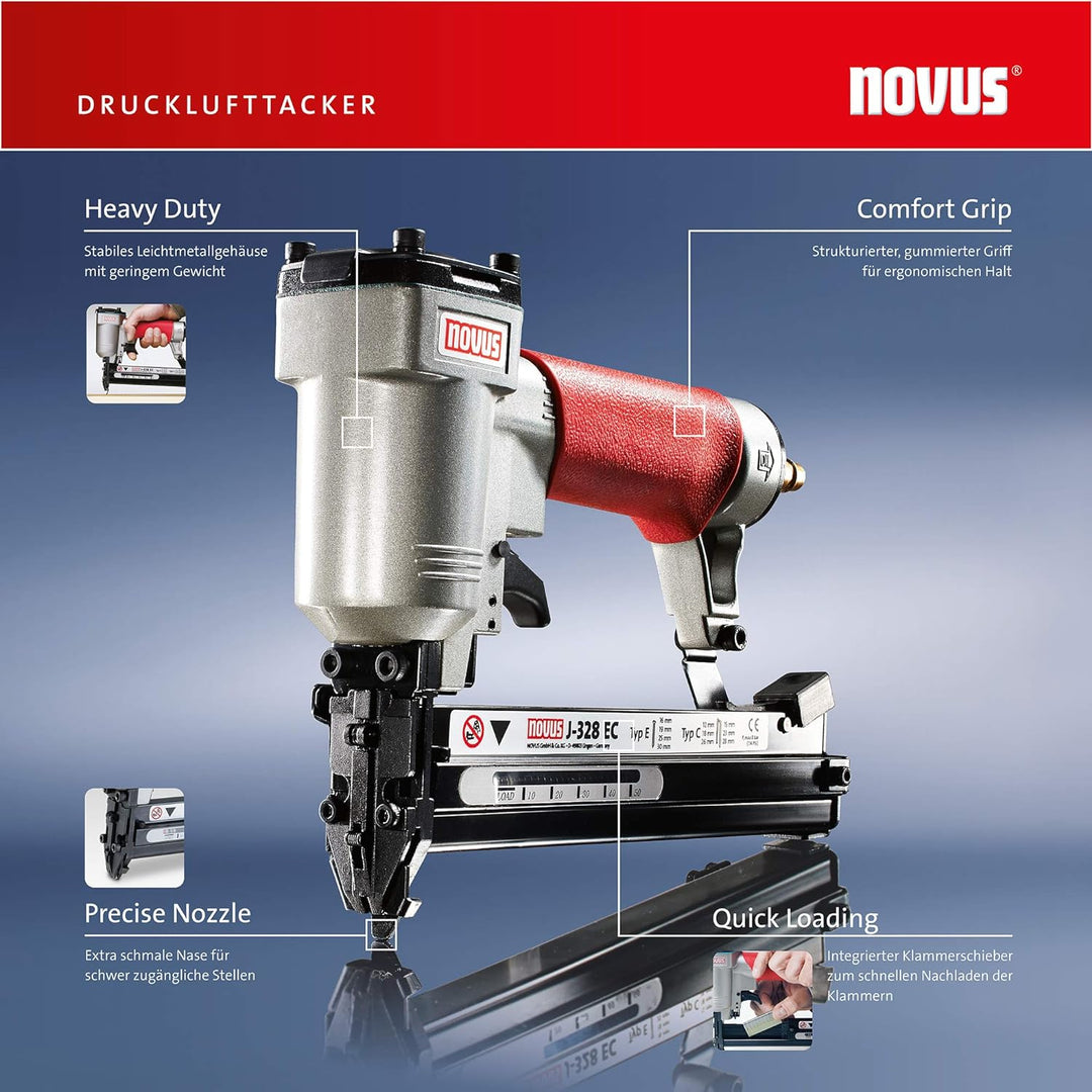 Novus Druckluft-Tacker J-328, Profi Druckluftnagler, Metallgehäuse, für Schmalrücken-Klammern 28 mm