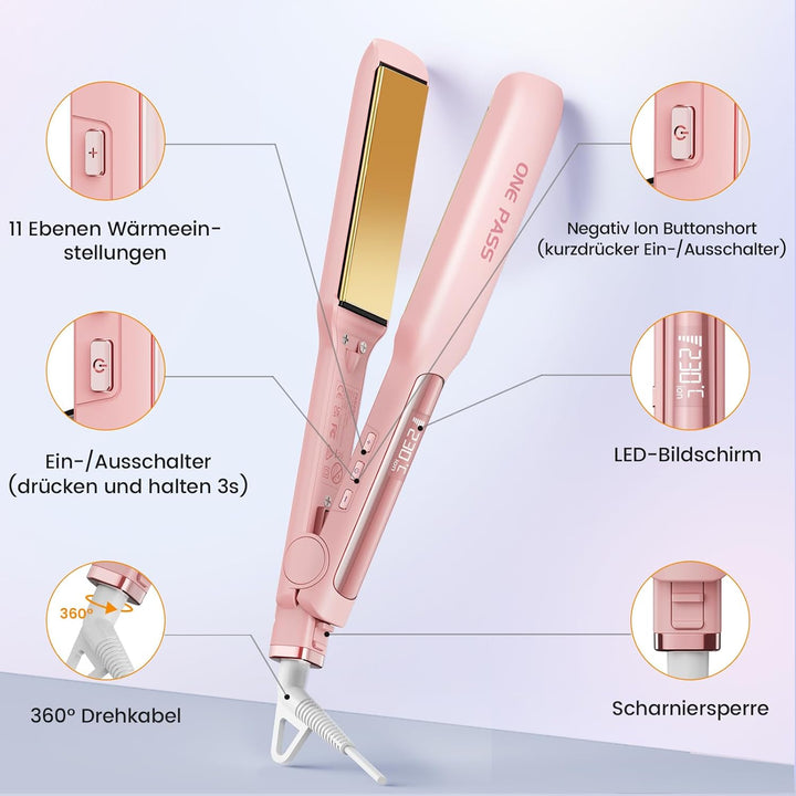 Faszin Professionelle Glätteisen, 42mm Breite Titanplatten mit Negativer Ionenfunktion, 30s Schnelle