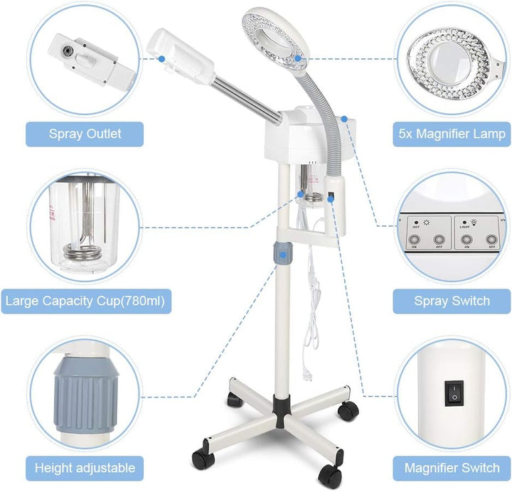 Cocoarm 2 in 1 Professionelle Gesichtsdampfer und 5X LED Lupenleuchte Dampfgerät Bedampfer mit Lupen