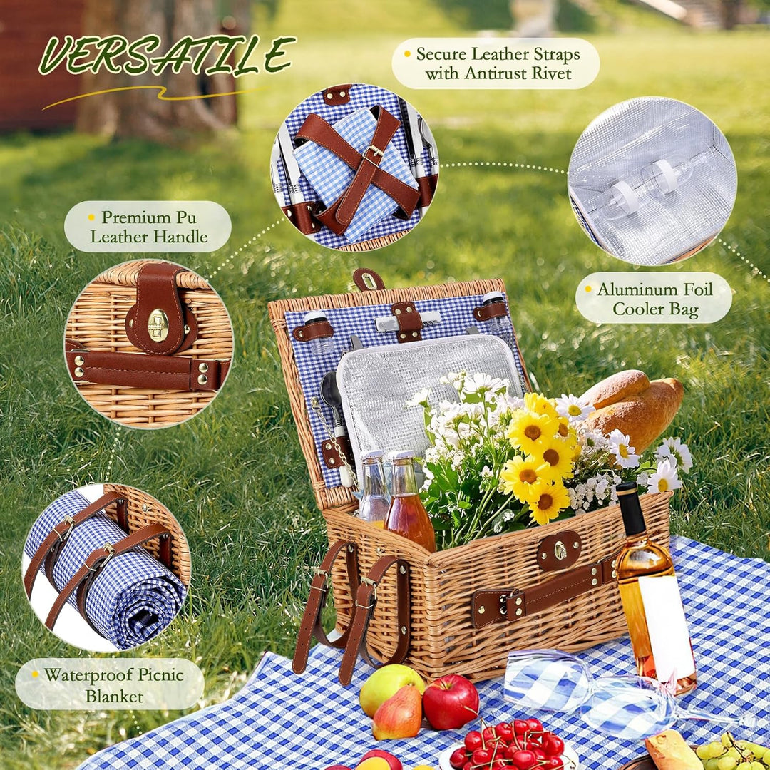 Weidenkorb für 4 Personen, Vintage Picknickkorb Set, mit Kühlfach, Wasserdichter Decke, Besteck, für