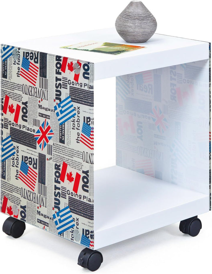 Weiss lackierter Couchtisch / Nachttisch mit Rollen Weiss / Flag, Weiss / Flag