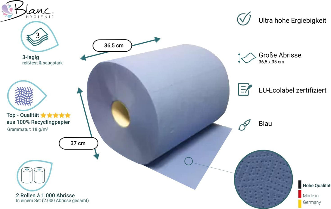 *SALE* Putzrolle blau Blanc-Quality, 2 Rollen, 3-lagig, 2.000 Abrisse, saugstark, reiÃŸfest