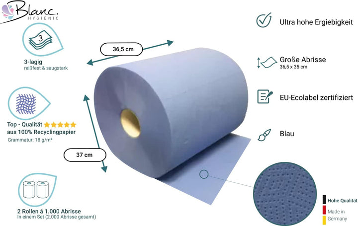 *SALE* Putzrolle blau Blanc-Quality, 2 Rollen, 3-lagig, 2.000 Abrisse, saugstark, reiÃŸfest