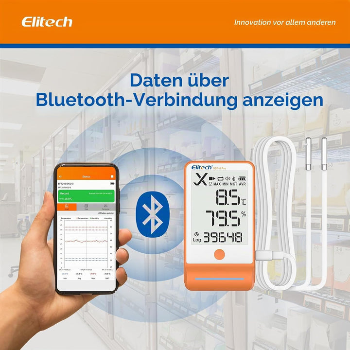 Elitech Temperatur Datenlogger, 16000 Punkte, Daten Aufzeichnungen und Export, Hohe Genauigkeit Sens