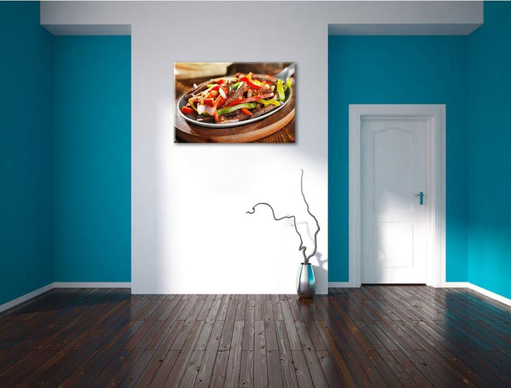 Fleischpfanne mit Paprika Format: 100x70 auf Leinwand, XXL riesige Bilder fertig gerahmt mit Keilrah