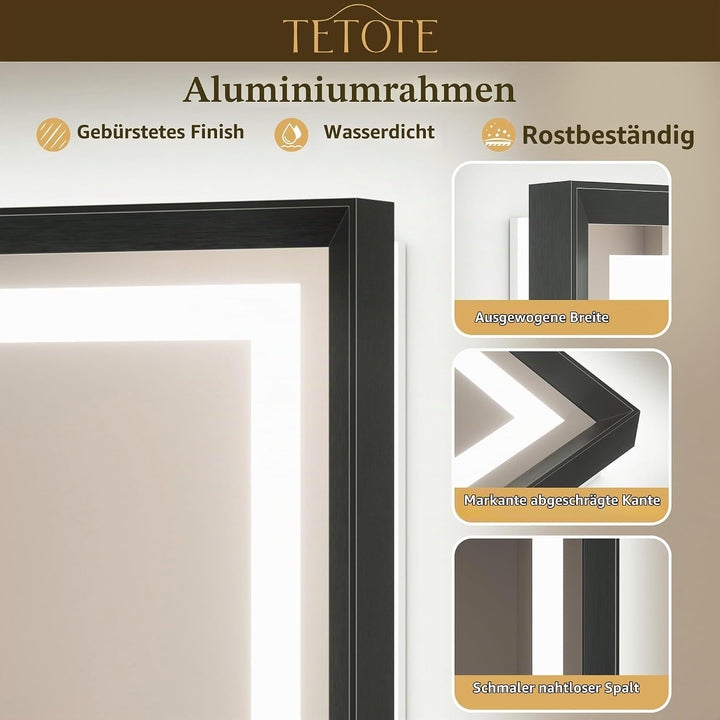 TETOTE Badspiegel mit Beleuchtung Schwarz Metallrahmen 100x60cm, Badezimmerspiegel Beleuchtet Beschl
