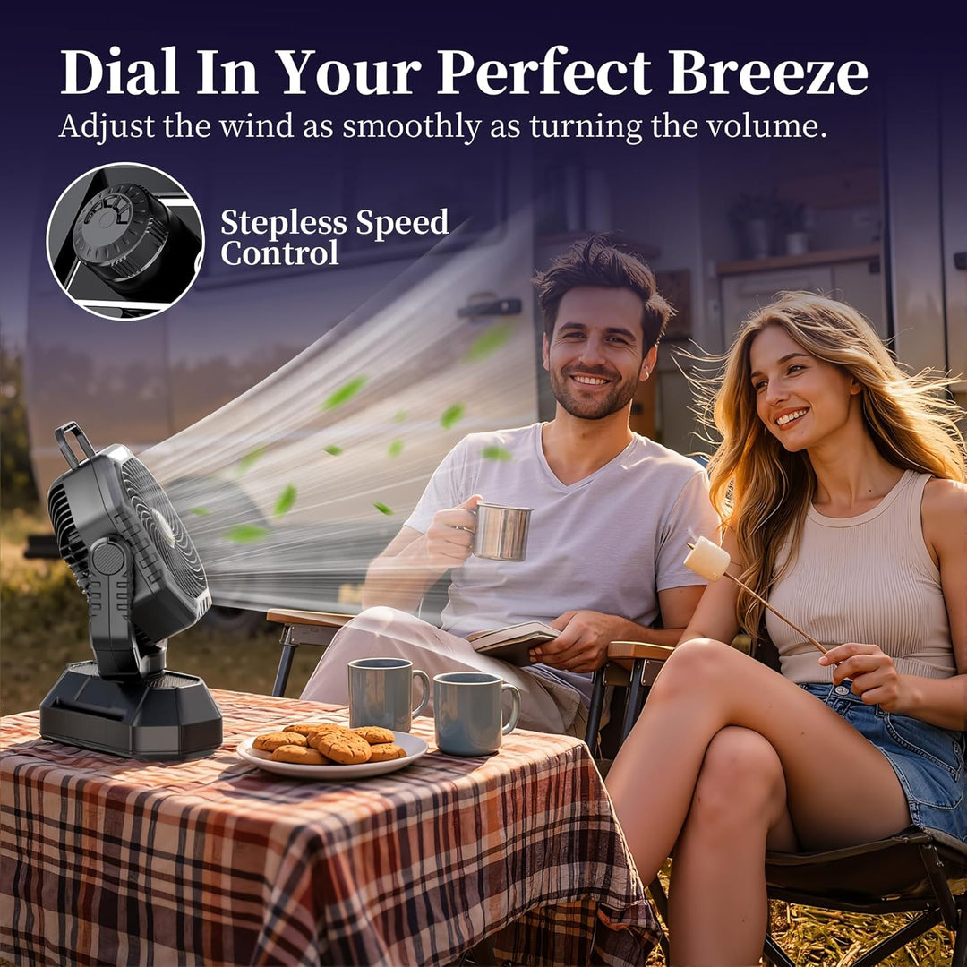 Camping Ventilator, 20000mAh Wiederaufladbarer Ventilator mit LED Licht & Haken, 270° Drehung, Stufe