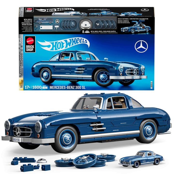 Mattel Brick Shop Hot Wheels Premium Serie Bauset, Mercedes-Benz 300 SL mit 1600 Teilen, realistisc