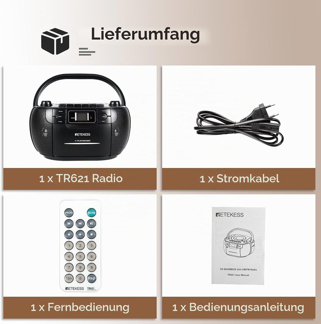 Retekess TR621 Tragbares CD Radio,Kassettenspieler CD,Stereo mit AM FM-Radio,Kassettenrekorder,Unter