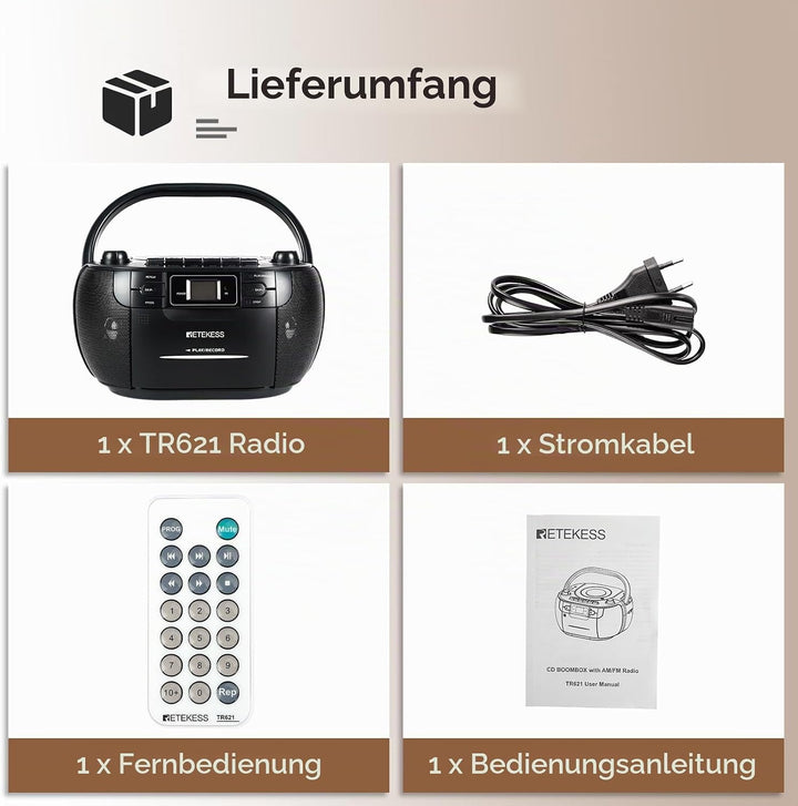 Retekess TR621 Tragbares CD Radio,Kassettenspieler CD,Stereo mit AM FM-Radio,Kassettenrekorder,Unter