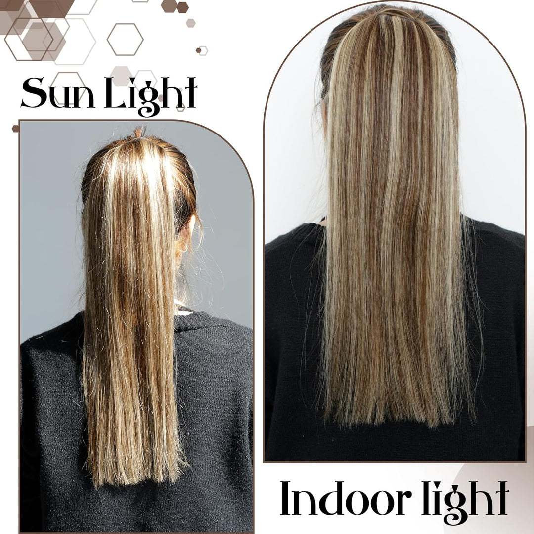 Hetto Ponytail Extension Echthaar Mittelbraun zu Warmblond Balayage 35cm 70g - Volles Pferdeschwanz