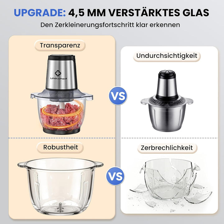 LINKChef Zerkleinerer Elektrisch 1,5L Glasbehälter, 2 Stufen, 3 Edelstahlklingen – Universalzerklein