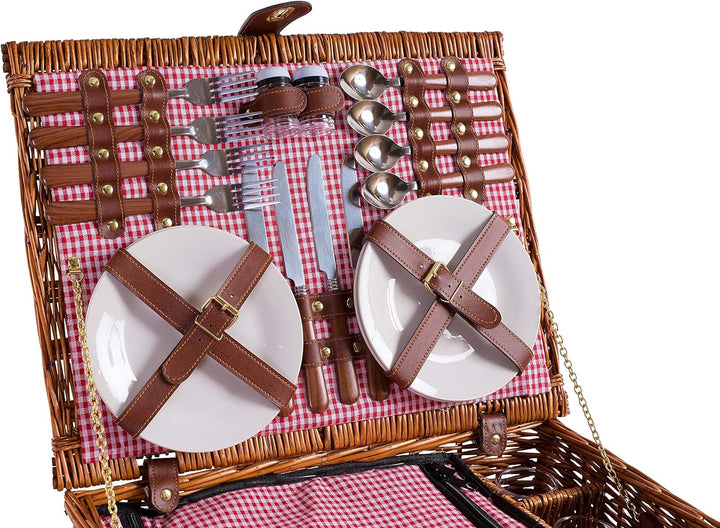 eGenuss Handgefertigter Picknickkorb für 4 Personen mit Kühlfach - Inklusive Edelstahlbesteck, Porze