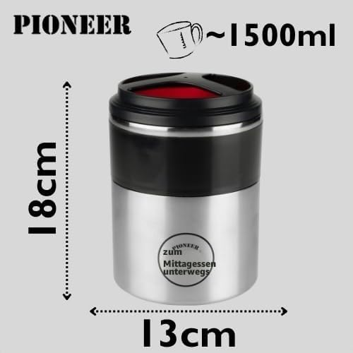 Pioneer Thermo-Speisebehälter 1,5 L Edelstahl Doppelwandig 2-in-1 mit Extra Breiten Öffnung, Isolier