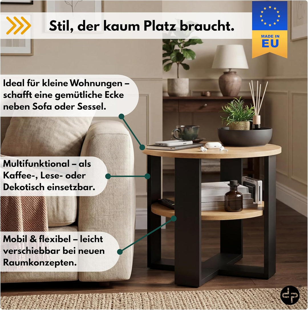 Couchtisch rund Eiche – Kleiner Beistelltisch mit Ablage - 2 Ebenen, runder moderner Kaffeetisch im