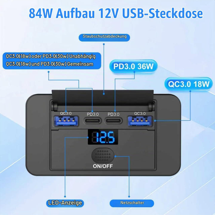 84W 4 Anschlüsse 12V USB-Anschluss, Aufputzmontage mit Voltmeter, 36W PD und Zwei 18W QC 3.0 – Leich
