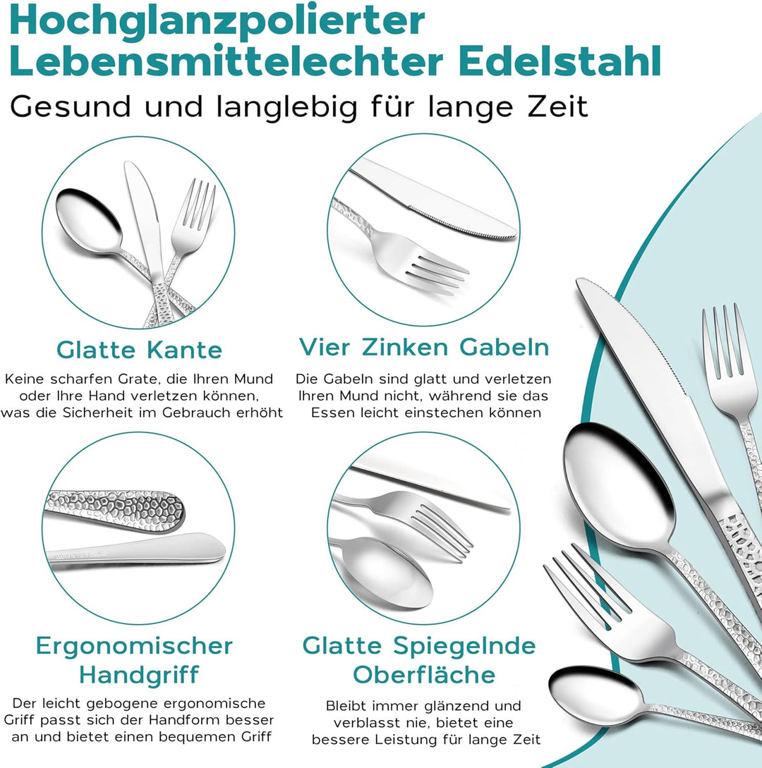 Homikit Besteck Set, 60-teilig Besteckset für 12 Personen, Edelstahl Gehämmertes Tafelbesteck, Essbe