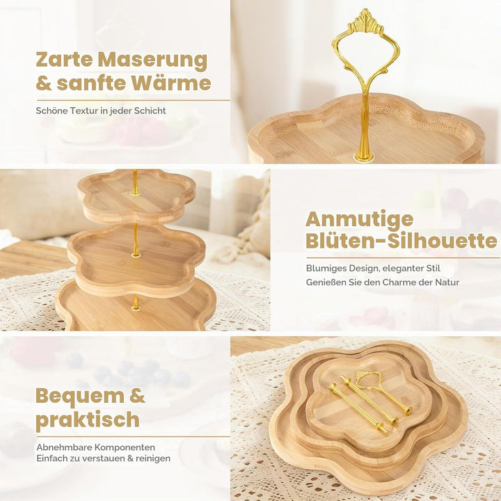 DUJUST Eleganter Holz-Cupcake-Ständer mit 3 Ebenen und Blumenform-Design, Bambus-Etagere für Cupcake