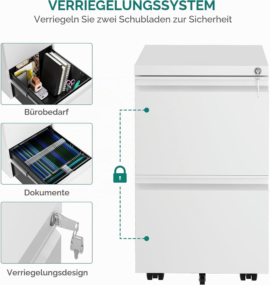 YITAHOME Mobiler Aktenschrank mit 2 abschliessbaren Schubladen, kippsicherer Roll-Aktenschrank mit R
