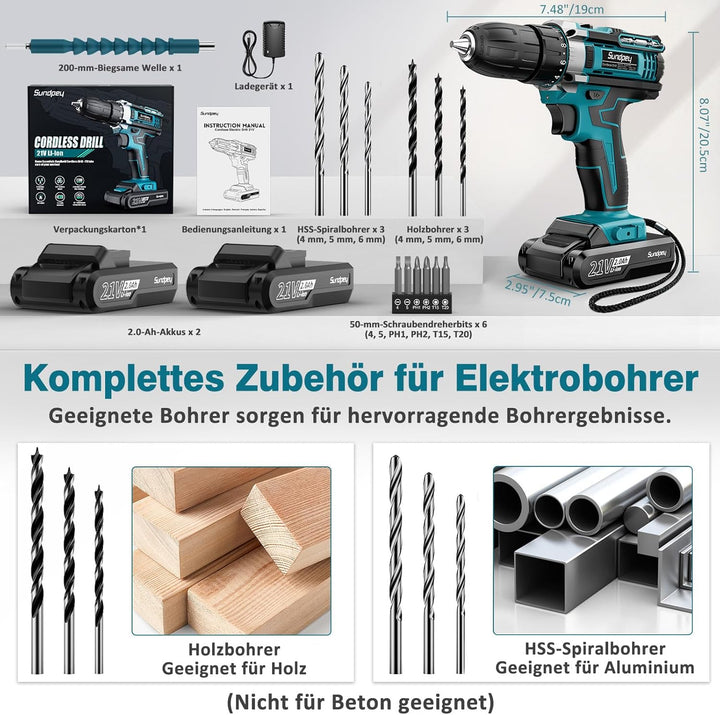 Sundpey Akkuschrauber Set mit 2 Akkus 2,0Ah, 21V Akkubohrer und Schrauber, 1500U/min 45Nm Max Akku B